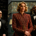 (From L-R): Reece Shearsmith, Ruth WIlson and David Oyelowo in the film SEE HOW THEY RUN. Photo by Parisa Taghizadeh. Courtesy of Searchlight Pictures. © 2022 20th Century Studios All Rights Reserved